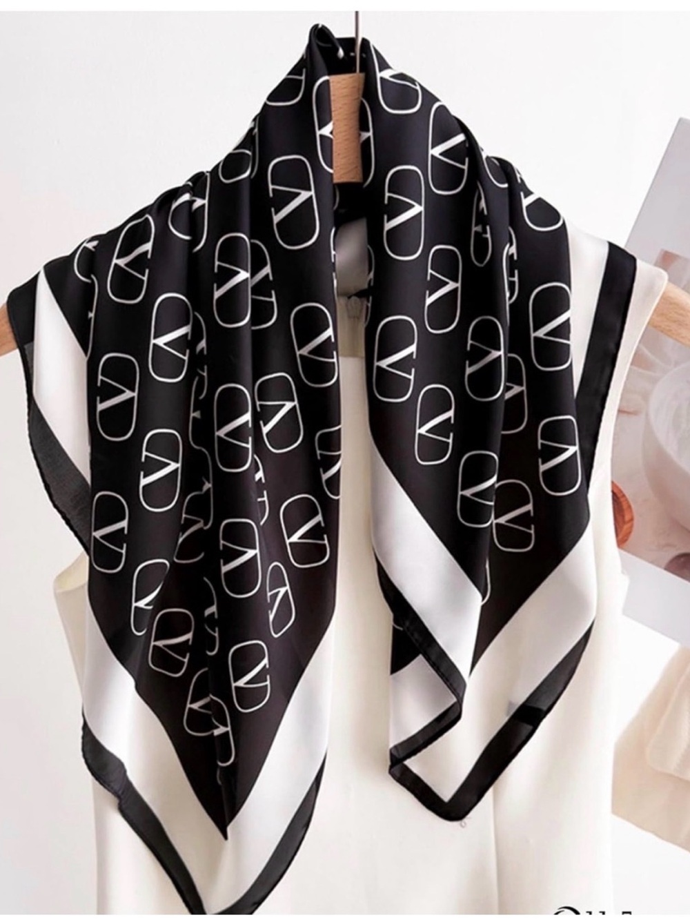 Black & White Logo-Print Silk-Effect Scarf